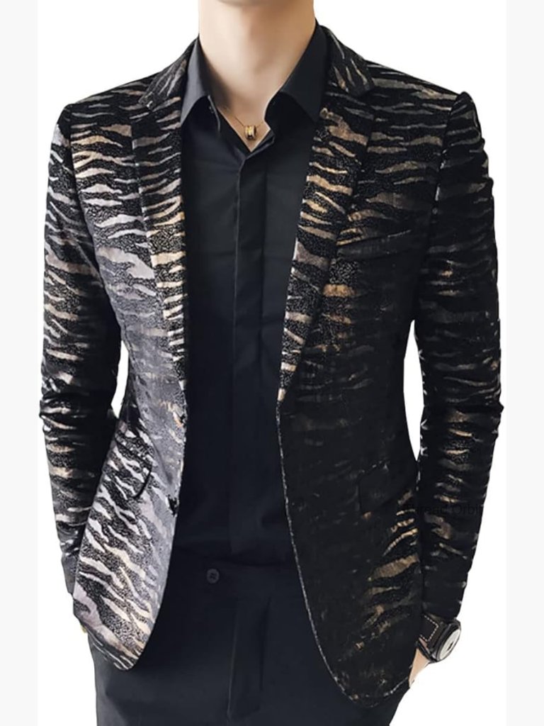 Slim Fit Casual Blazer With Leopard Print, 2 Button Closure, Long Sleeve